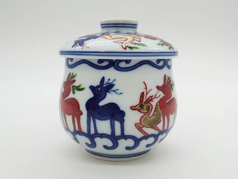 田代亮秀　有田焼　染錦　図変わり　約8.3cm　2.7寸　繊細な絵付けが見事な蒸茶碗6客セット(動物、果物、花割、野苺唐草、群鹿、梅花丸紋、裏印、和食器、共箱付き、二寸七分)(R-081498)