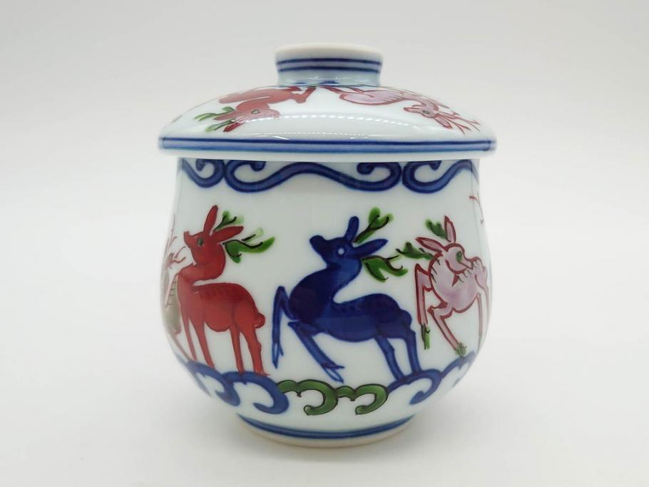 田代亮秀　有田焼　染錦　図変わり　約8.3cm　2.7寸　繊細な絵付けが見事な蒸茶碗6客セット(動物、果物、花割、野苺唐草、群鹿、梅花丸紋、裏印、和食器、共箱付き、二寸七分)(R-081498)
