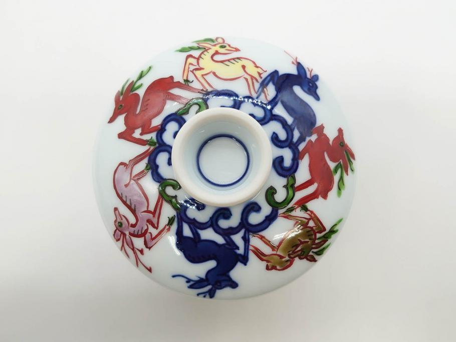 田代亮秀　有田焼　染錦　図変わり　約8.3cm　2.7寸　繊細な絵付けが見事な蒸茶碗6客セット(動物、果物、花割、野苺唐草、群鹿、梅花丸紋、裏印、和食器、共箱付き、二寸七分)(R-081498)