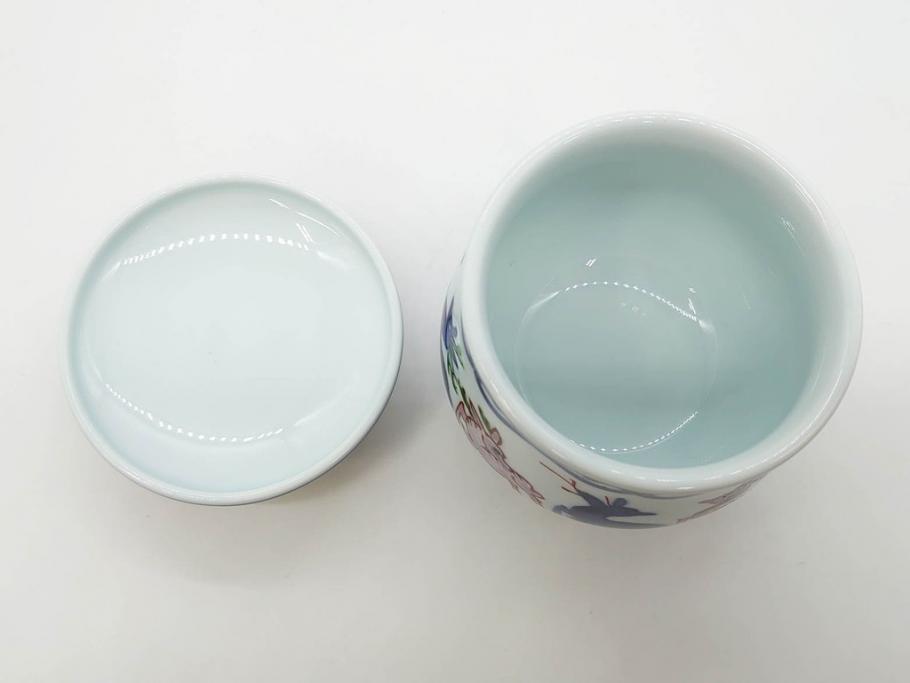田代亮秀　有田焼　染錦　図変わり　約8.3cm　2.7寸　繊細な絵付けが見事な蒸茶碗6客セット(動物、果物、花割、野苺唐草、群鹿、梅花丸紋、裏印、和食器、共箱付き、二寸七分)(R-081498)