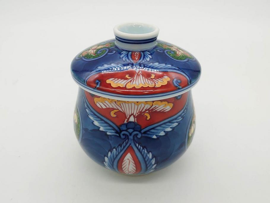 田代亮秀　有田焼　染錦　図変わり　約8.3cm　2.7寸　繊細な絵付けが見事な蒸茶碗6客セット(動物、果物、花割、野苺唐草、群鹿、梅花丸紋、裏印、和食器、共箱付き、二寸七分)(R-081498)