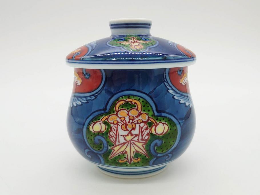 田代亮秀　有田焼　染錦　図変わり　約8.3cm　2.7寸　繊細な絵付けが見事な蒸茶碗6客セット(動物、果物、花割、野苺唐草、群鹿、梅花丸紋、裏印、和食器、共箱付き、二寸七分)(R-081498)