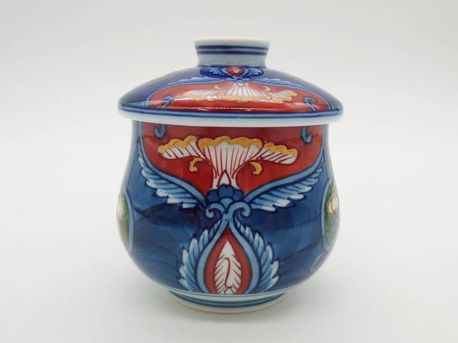 田代亮秀　有田焼　染錦　図変わり　約8.3cm　2.7寸　繊細な絵付けが見事な蒸茶碗6客セット(動物、果物、花割、野苺唐草、群鹿、梅花丸紋、裏印、和食器、共箱付き、二寸七分)(R-081498)