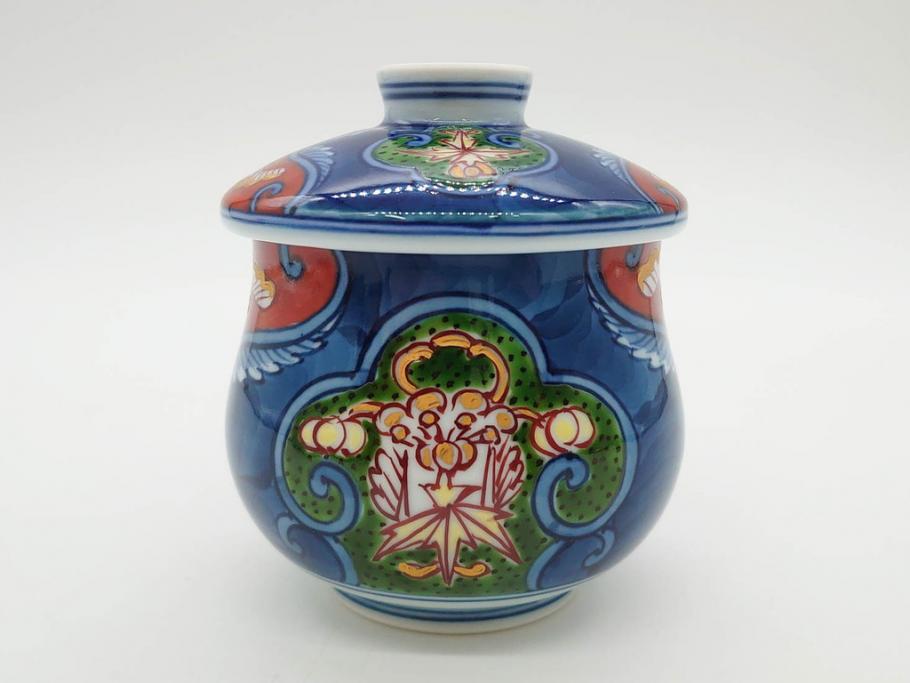 田代亮秀　有田焼　染錦　図変わり　約8.3cm　2.7寸　繊細な絵付けが見事な蒸茶碗6客セット(動物、果物、花割、野苺唐草、群鹿、梅花丸紋、裏印、和食器、共箱付き、二寸七分)(R-081498)