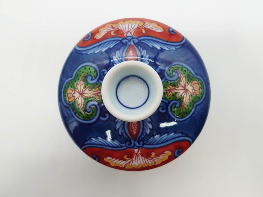 田代亮秀　有田焼　染錦　図変わり　約8.3cm　2.7寸　繊細な絵付けが見事な蒸茶碗6客セット(動物、果物、花割、野苺唐草、群鹿、梅花丸紋、裏印、和食器、共箱付き、二寸七分)(R-081498)