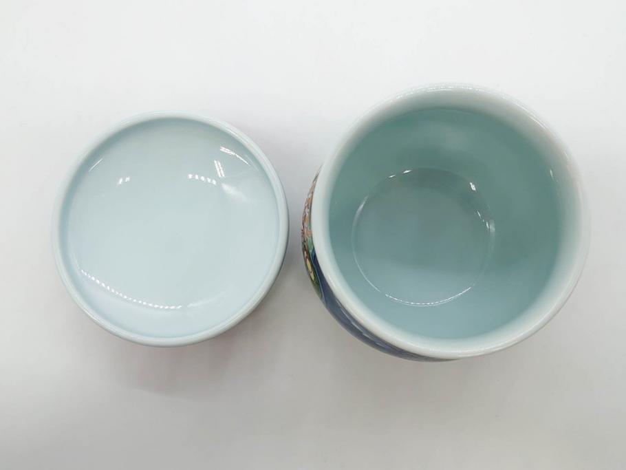 田代亮秀　有田焼　染錦　図変わり　約8.3cm　2.7寸　繊細な絵付けが見事な蒸茶碗6客セット(動物、果物、花割、野苺唐草、群鹿、梅花丸紋、裏印、和食器、共箱付き、二寸七分)(R-081498)