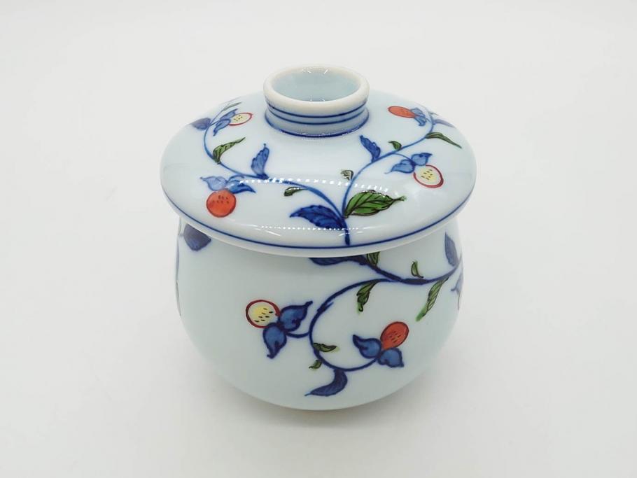 田代亮秀　有田焼　染錦　図変わり　約8.3cm　2.7寸　繊細な絵付けが見事な蒸茶碗6客セット(動物、果物、花割、野苺唐草、群鹿、梅花丸紋、裏印、和食器、共箱付き、二寸七分)(R-081498)