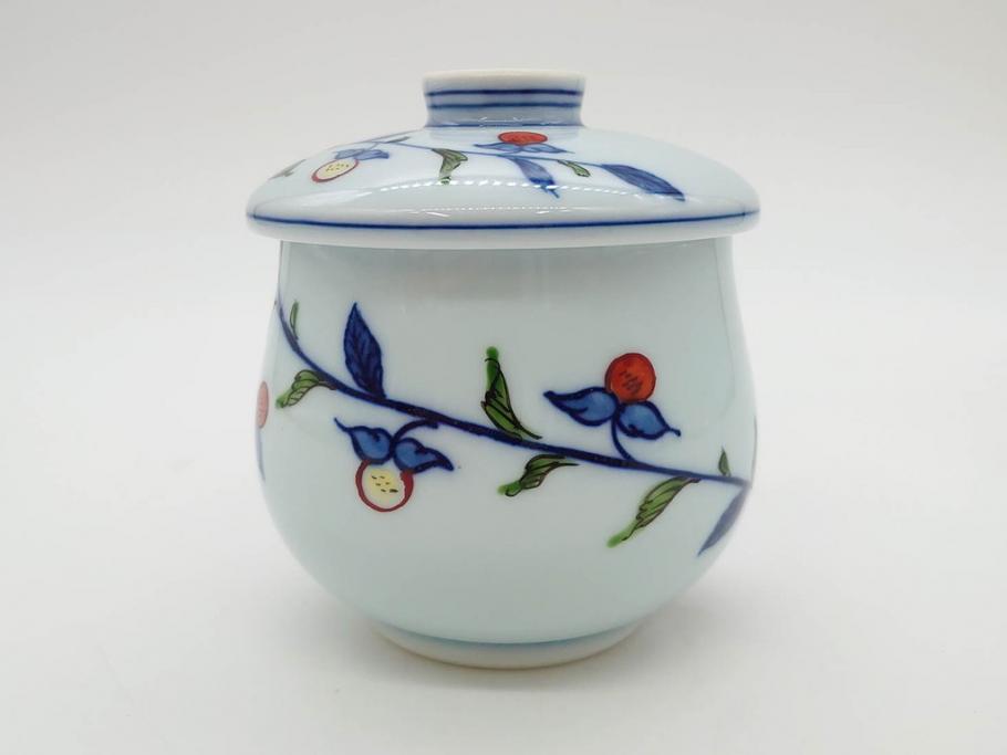 田代亮秀　有田焼　染錦　図変わり　約8.3cm　2.7寸　繊細な絵付けが見事な蒸茶碗6客セット(動物、果物、花割、野苺唐草、群鹿、梅花丸紋、裏印、和食器、共箱付き、二寸七分)(R-081498)