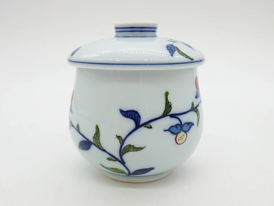 田代亮秀　有田焼　染錦　図変わり　約8.3cm　2.7寸　繊細な絵付けが見事な蒸茶碗6客セット(動物、果物、花割、野苺唐草、群鹿、梅花丸紋、裏印、和食器、共箱付き、二寸七分)(R-081498)