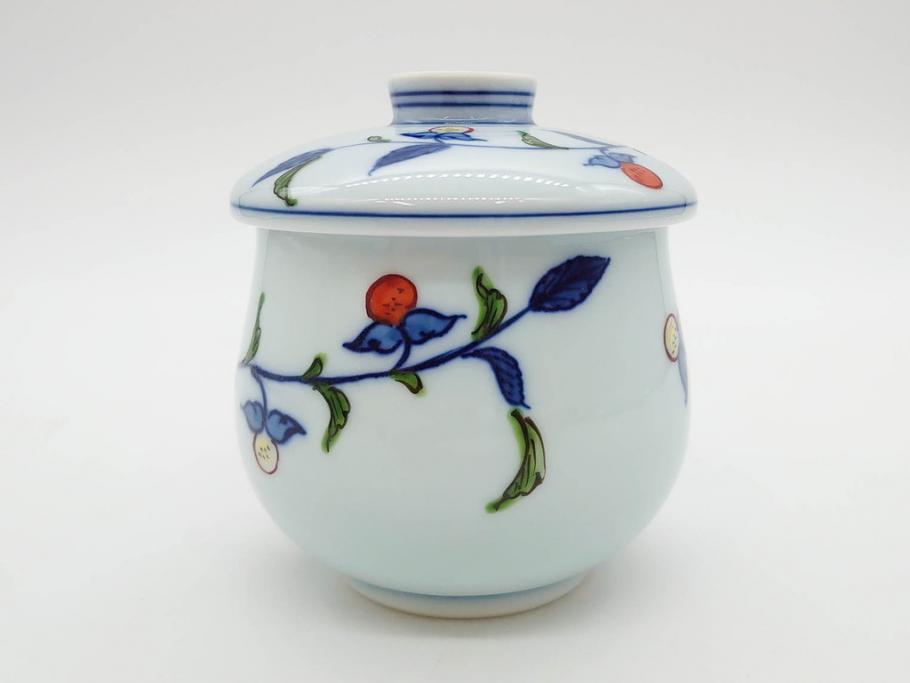 田代亮秀　有田焼　染錦　図変わり　約8.3cm　2.7寸　繊細な絵付けが見事な蒸茶碗6客セット(動物、果物、花割、野苺唐草、群鹿、梅花丸紋、裏印、和食器、共箱付き、二寸七分)(R-081498)