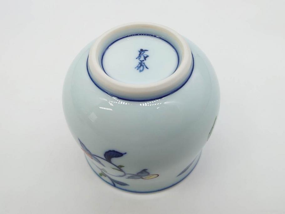 田代亮秀　有田焼　染錦　図変わり　約8.3cm　2.7寸　繊細な絵付けが見事な蒸茶碗6客セット(動物、果物、花割、野苺唐草、群鹿、梅花丸紋、裏印、和食器、共箱付き、二寸七分)(R-081498)