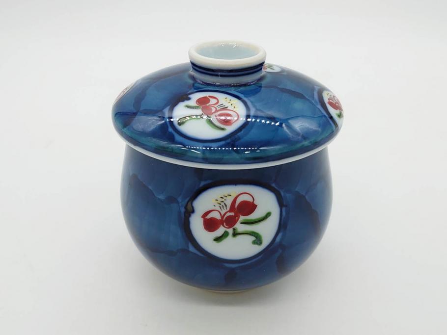 田代亮秀　有田焼　染錦　図変わり　約8.3cm　2.7寸　繊細な絵付けが見事な蒸茶碗6客セット(動物、果物、花割、野苺唐草、群鹿、梅花丸紋、裏印、和食器、共箱付き、二寸七分)(R-081498)