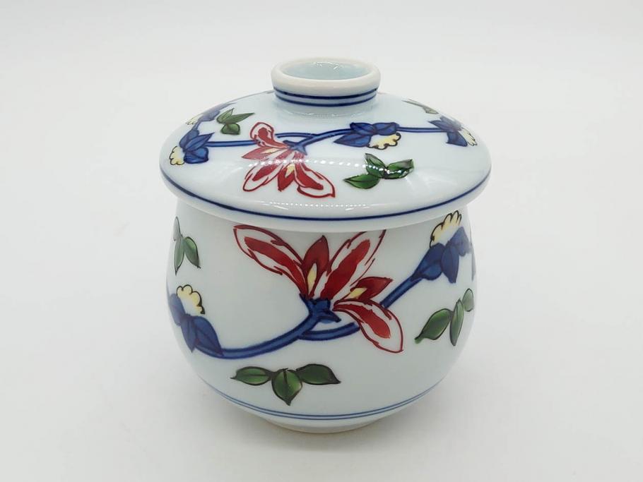 田代亮秀　有田焼　染錦　図変わり　約8.3cm　2.7寸　繊細な絵付けが見事な蒸茶碗6客セット(動物、果物、花割、野苺唐草、群鹿、梅花丸紋、裏印、和食器、共箱付き、二寸七分)(R-081498)
