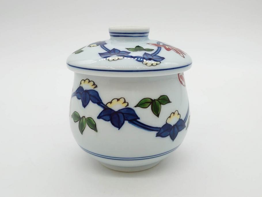 田代亮秀　有田焼　染錦　図変わり　約8.3cm　2.7寸　繊細な絵付けが見事な蒸茶碗6客セット(動物、果物、花割、野苺唐草、群鹿、梅花丸紋、裏印、和食器、共箱付き、二寸七分)(R-081498)