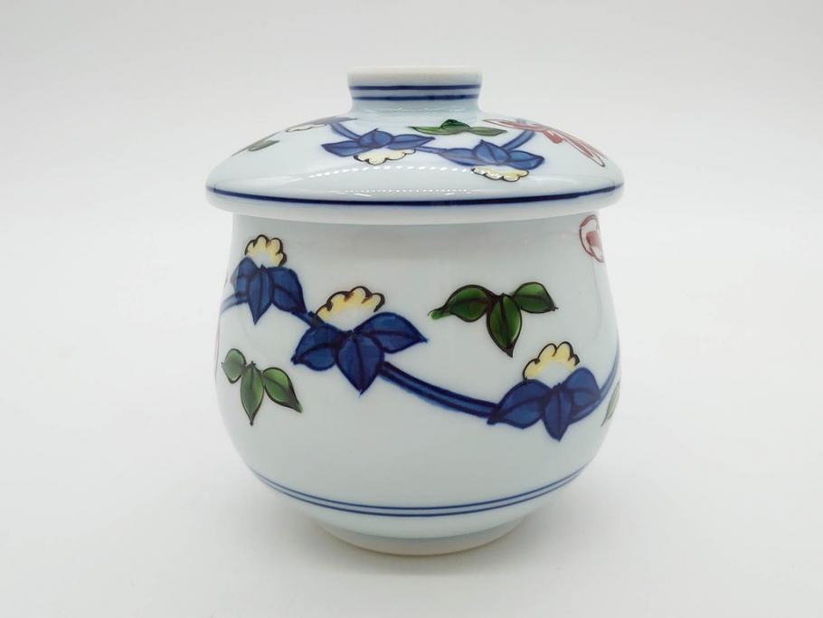 田代亮秀　有田焼　染錦　図変わり　約8.3cm　2.7寸　繊細な絵付けが見事な蒸茶碗6客セット(動物、果物、花割、野苺唐草、群鹿、梅花丸紋、裏印、和食器、共箱付き、二寸七分)(R-081498)
