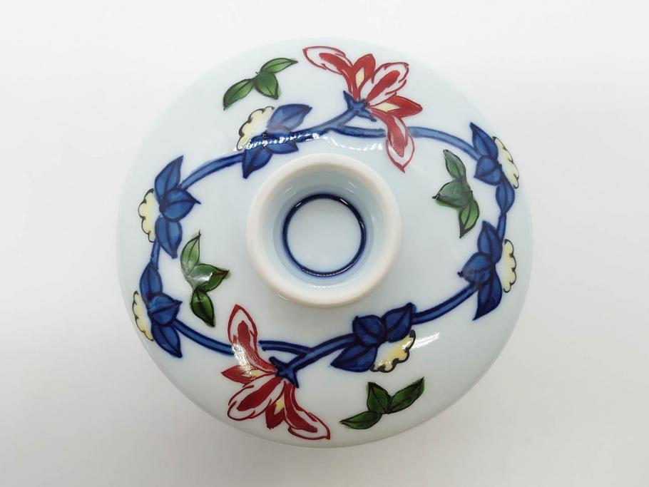 田代亮秀　有田焼　染錦　図変わり　約8.3cm　2.7寸　繊細な絵付けが見事な蒸茶碗6客セット(動物、果物、花割、野苺唐草、群鹿、梅花丸紋、裏印、和食器、共箱付き、二寸七分)(R-081498)