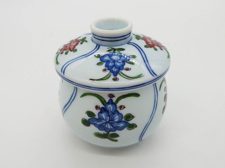 田代亮秀　有田焼　染錦　図変わり　約8.3cm　2.7寸　繊細な絵付けが見事な蒸茶碗6客セット(動物、果物、花割、野苺唐草、群鹿、梅花丸紋、裏印、和食器、共箱付き、二寸七分)(R-081498)