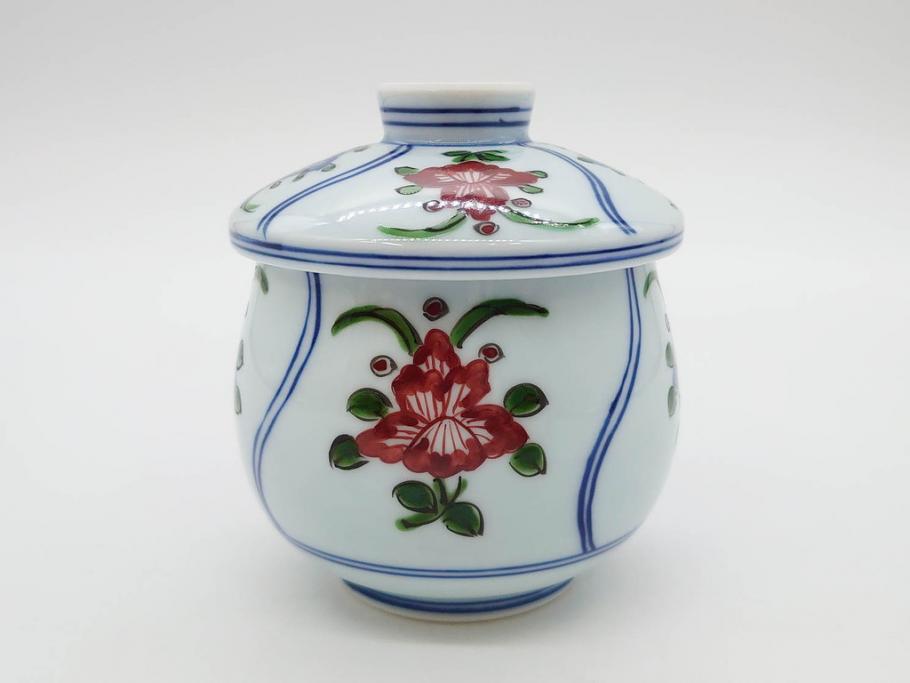 田代亮秀　有田焼　染錦　図変わり　約8.3cm　2.7寸　繊細な絵付けが見事な蒸茶碗6客セット(動物、果物、花割、野苺唐草、群鹿、梅花丸紋、裏印、和食器、共箱付き、二寸七分)(R-081498)