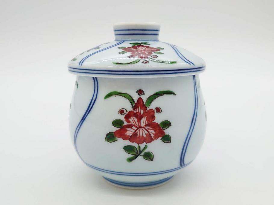田代亮秀　有田焼　染錦　図変わり　約8.3cm　2.7寸　繊細な絵付けが見事な蒸茶碗6客セット(動物、果物、花割、野苺唐草、群鹿、梅花丸紋、裏印、和食器、共箱付き、二寸七分)(R-081498)