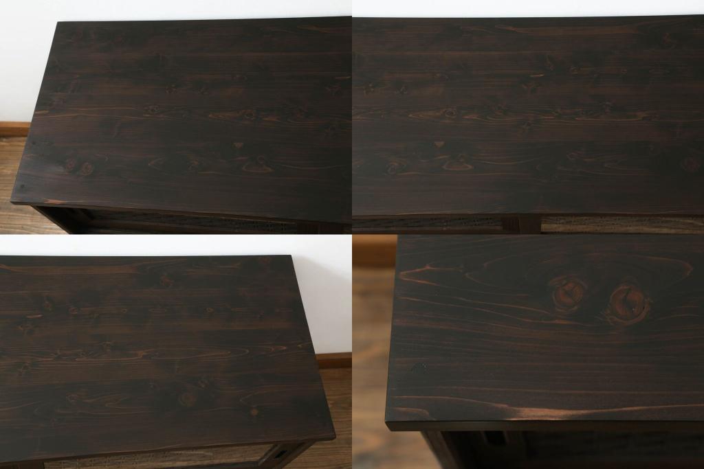 桐箪笥をローボードとチェストにリメイク!上段は引き戸に組子デザインのレーザー加工を。取っ手も交換し、天板と脚を取り付けローボードに。中下段は引き出しにレーザー組子を取り入れ、元の形を活かしつつチェストに。2台ともチェス系に着色して仕上げ。