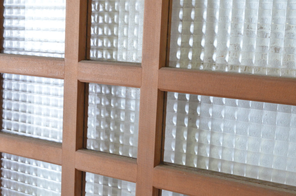 ビンテージ建具　チェッカーガラスの背の高いガラス戸2枚セット(引き戸、ヴィンテージ)(R-065517)