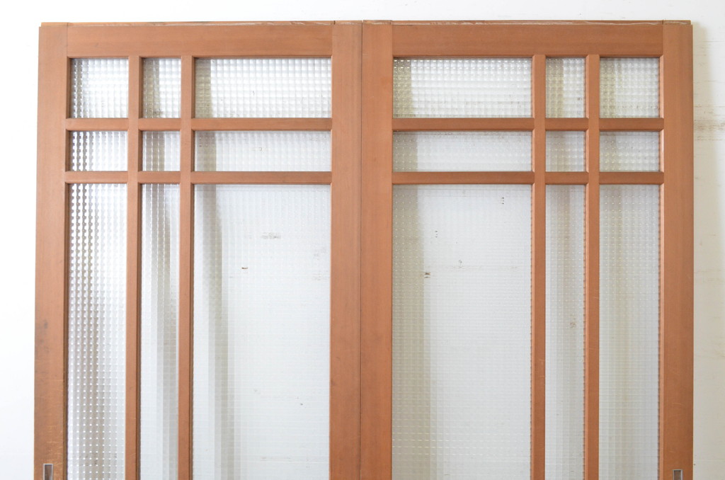 ビンテージ建具　チェッカーガラスの背の高いガラス戸2枚セット(引き戸、ヴィンテージ)(R-065517)