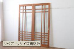 ガラス戸2枚を新規製作!当店のオーダー家具を参考にご希望のサイズで。両面ガラス仕様で引き手・戸車取り付け。本体色味は当店商品を参考に着色。(引き戸、建具)