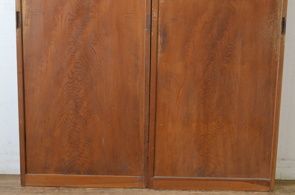 アンティーク建具　昭和初期　レトロな雰囲気漂う銀モールガラス窓の幅狭板戸2枚セット(引き戸、ガラス戸)(R-065520)
