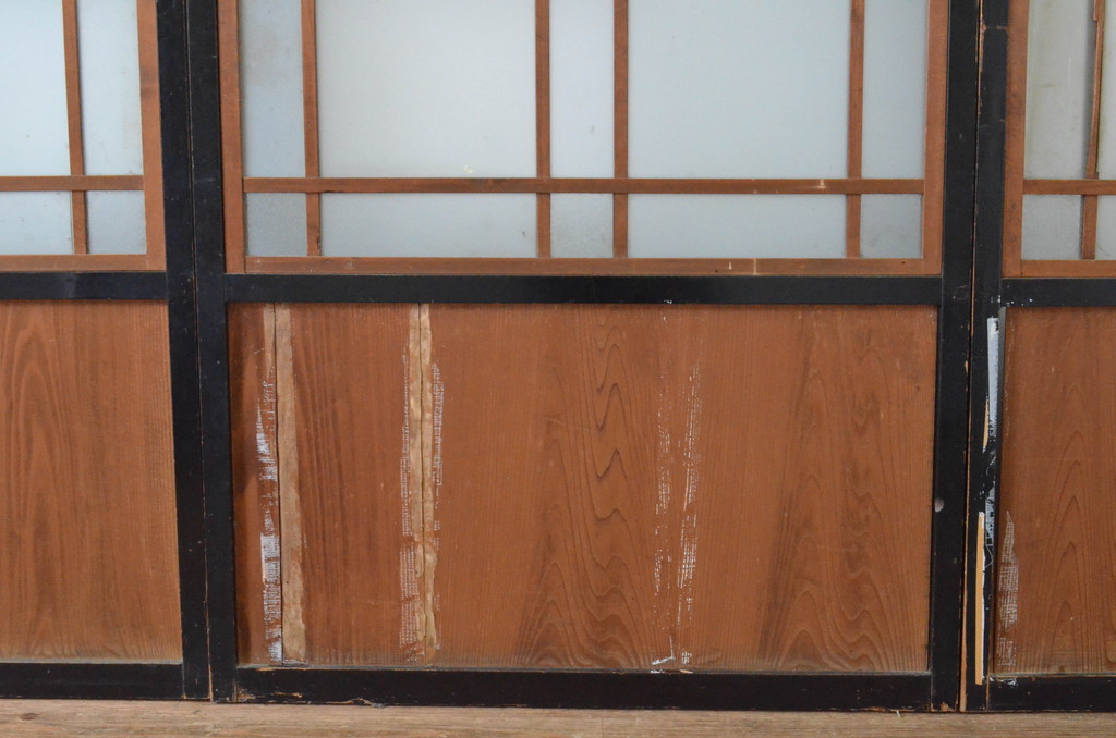 アンティーク建具　大正ロマン　レトロモダンな雰囲気漂うガラス帯戸4枚セット(ガラス戸、板戸、引き戸)(R-065549)