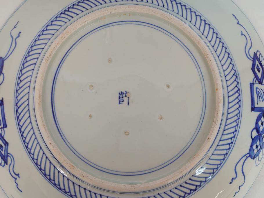 特大!　江戸期　古伊万里　染付　山水　龍　波　1尺8寸　約55cm　大皿(一尺八寸、和食器、和皿)(R-062899)