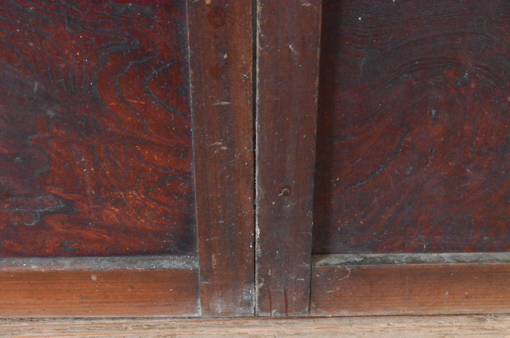 アンティーク建具　上手物　腰板欅(ケヤキ)材　趣のある色合いが魅力の幅狭格子戸2枚セット(引き戸、ガラス戸、ガラス帯戸)(R-065547)