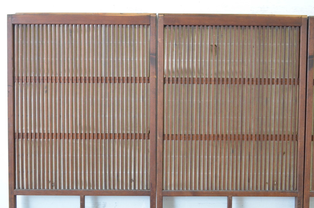 アンティーク建具　腰板欅(ケヤキ)材　風情のある佇まいが魅力的な裏障子付き幅狭格子戸4枚セット(引き戸、障子戸、ガラス帯戸)(R-065548)