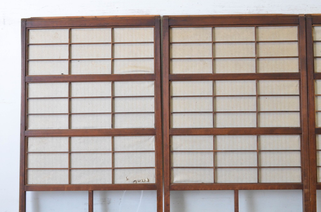 アンティーク建具　腰板欅(ケヤキ)材　風情のある佇まいが魅力的な裏障子付き幅狭格子戸4枚セット(引き戸、障子戸、ガラス帯戸)(R-065548)