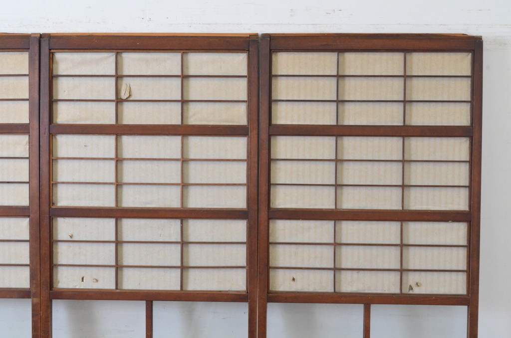 アンティーク建具　腰板欅(ケヤキ)材　風情のある佇まいが魅力的な裏障子付き幅狭格子戸4枚セット(引き戸、障子戸、ガラス帯戸)(R-065548)