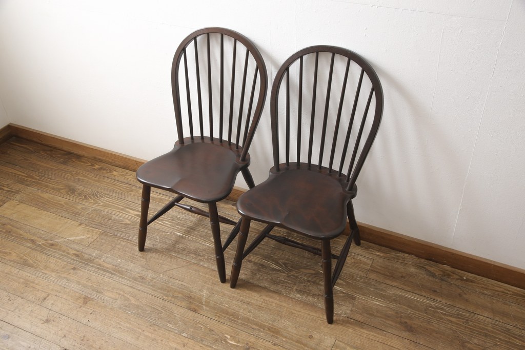 中古　美品　松本民芸家具　フープバックの背もたれがおしゃれな#72型・リーチチェア2脚セット(ダイニングチェア、ウィンザーチェア、ウインザーチェア)(R-057148)