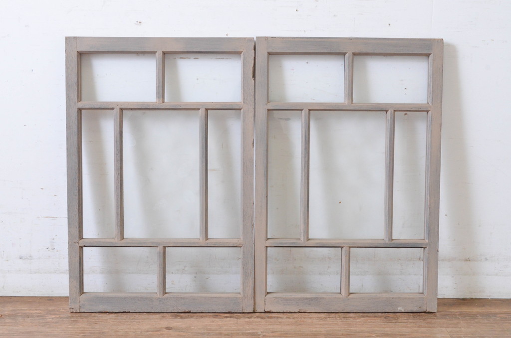 アンティーク建具　大正ロマンの雰囲気漂う小振りなペイントガラス窓2枚セット(引き戸、ガラス戸)(R-065539)