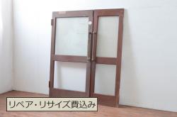 アンティーク建具　レトロな雰囲気漂う親子ドア1対2枚セット (両開きドア、ガラス扉、玄関ドア)(R-080939)
