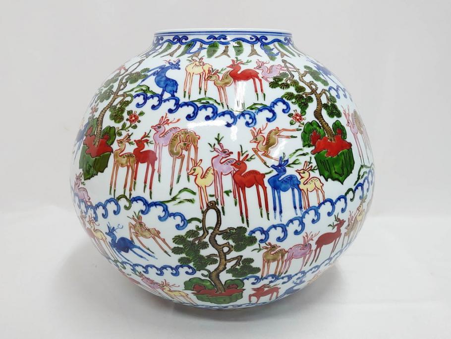 田代亮秀　有田焼　染錦群鹿紋　高さ 約28cm　華やかで温かみを感じる壷(花生、花瓶、花器、花入れ、壺、裏印、共箱付き)(R-081504)