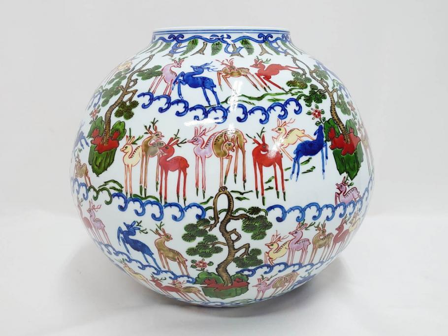 田代亮秀　有田焼　染錦群鹿紋　高さ 約28cm　華やかで温かみを感じる壷(花生、花瓶、花器、花入れ、壺、裏印、共箱付き)(R-081504)