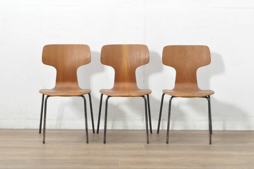 デンマークビンテージ　FRITZ HANSEN(フリッツハンセン)　Arne Jacobsen(アルネ・ヤコブセン)　model.3123　子供用Tチェア3脚セット(キッズチェア、ハンマーチェア、チャイルドチェア、ダイニングチェア、板座チェア、北欧、ヴィンテージ)(R-080793)