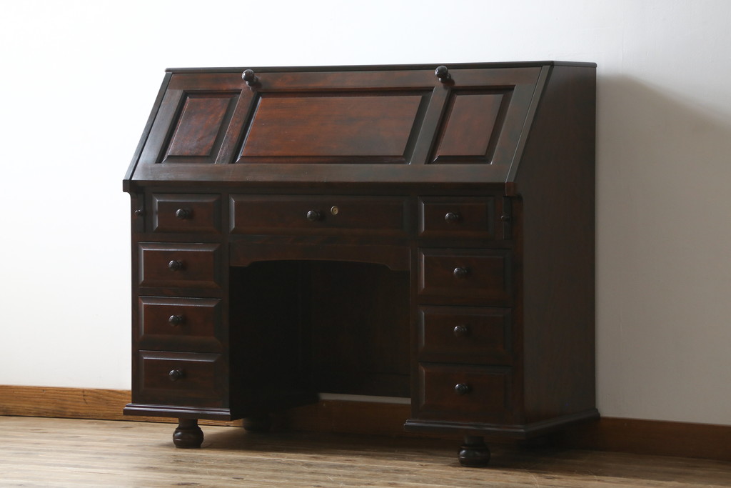 中古　美品　カバ材　北の匠　山室家具製作所　希少な絶版品!風格ある存在感のライティングビューロー(デスク、両袖机、ワークデスク、在宅ワーク)(R-058150)