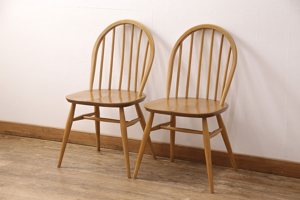 イギリスヴィンテージ　ERCOL(アーコール)　シンプルでお洒落なダイニングセット(ダイニングテーブル、エクステンション、ダイニングチェア2脚、ビンテージ)(R-051236)