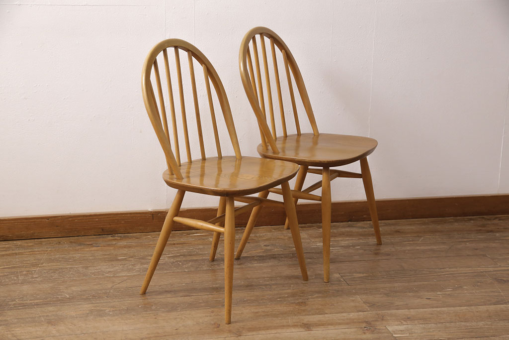 イギリスヴィンテージ　ERCOL(アーコール)　シンプルでお洒落なダイニングセット(ダイニングテーブル、エクステンション、ダイニングチェア2脚、ビンテージ)(R-051236)