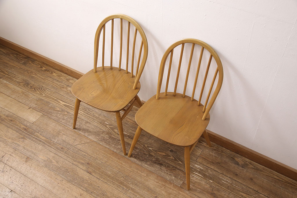 イギリスヴィンテージ　ERCOL(アーコール)　シンプルでお洒落なダイニングセット(ダイニングテーブル、エクステンション、ダイニングチェア2脚、ビンテージ)(R-051236)