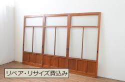 アンティーク建具　古い木味が魅力的なガラス窓2枚セット(引き戸、ガラス戸)(R-076341)