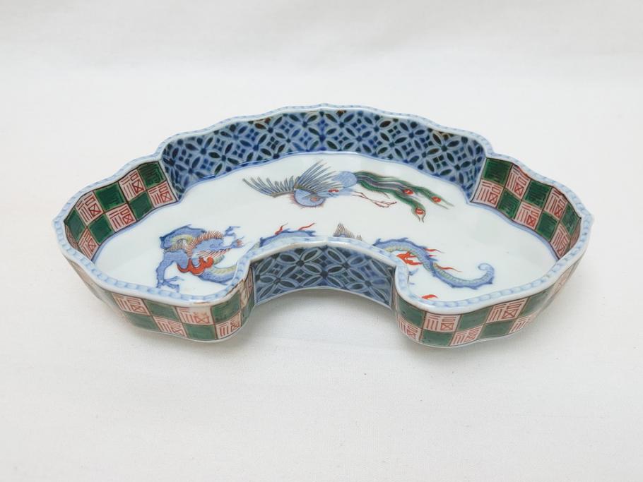 江戸 伊万里 色絵 染付 龍・鳳凰の図 二重角福 渦福 変形皿(和食器)(R