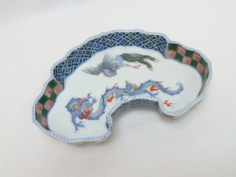 江戸 伊万里 色絵 染付 龍・鳳凰の図 二重角福 渦福 変形皿(和食器)(R