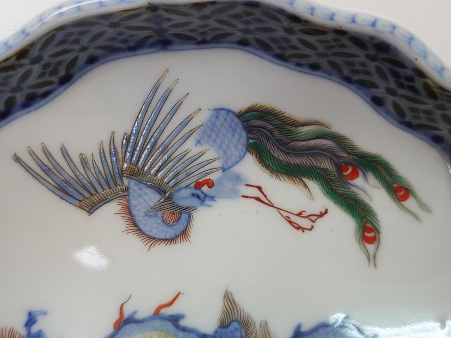 江戸 伊万里 色絵 染付 龍・鳳凰の図 二重角福 渦福 変形皿(和食器)(R