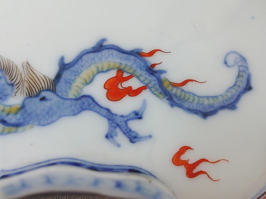 江戸 伊万里 色絵 染付 龍・鳳凰の図 二重角福 渦福 変形皿(和食器)(R