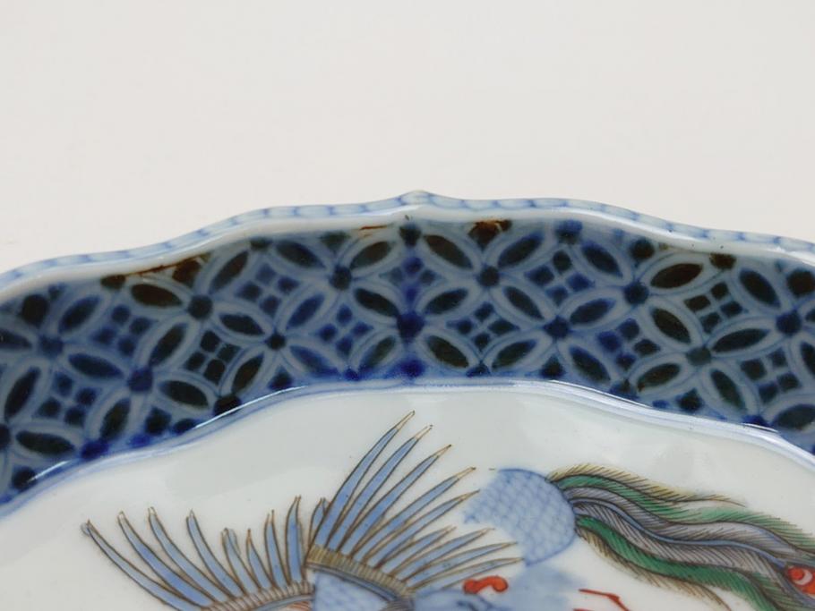江戸 伊万里 色絵 染付 龍・鳳凰の図 二重角福 渦福 変形皿(和食器)(R